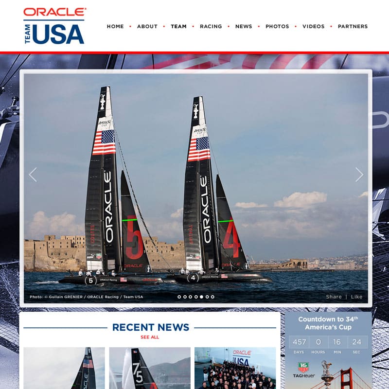 Oracle Team USA's homepage for the America’s Cup.