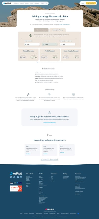 The pricing strategy discount calculator: a rocky landscape header, monthly, annual and cost-of-service inputs, and revenue, profit and gross margin results, followed by definitions, tips and related resources.