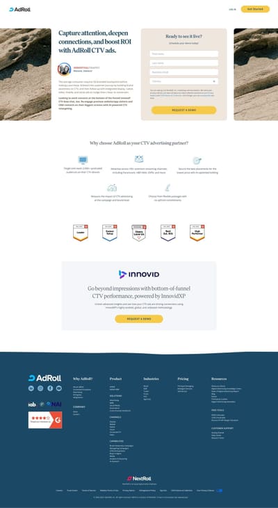 A CTV advertising landing page with the headline Capture attention, deepen connections, and boost ROI with AdRoll CTV ads, a demo request form between two photographic side panels, five benefits, award badges, and a customer callout, above the site footer.