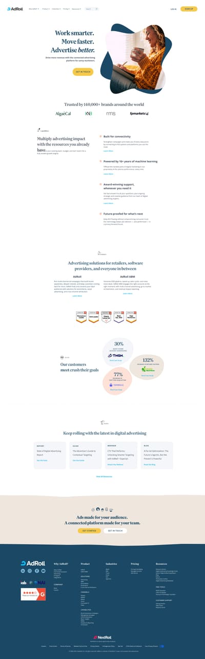 The redesigned AdRoll homepage: a centered headline beside an illustrated hero photo, customer logos, a list of platform strengths, and customer results, followed by resource links.