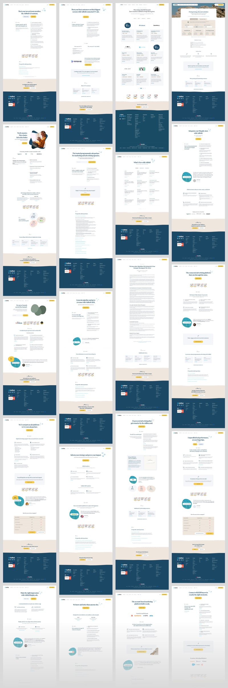 A grid of AdRoll marketing pages in four columns: capability, channel, industry, solution and product pages, each built from the same centered modules, typography and illustration style.