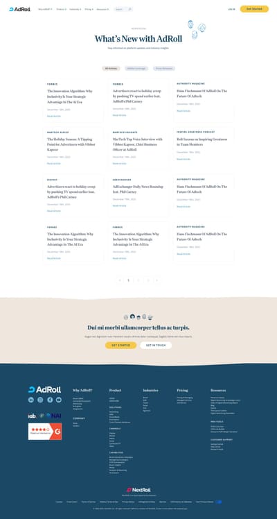 The AdRoll newsroom listing, headed What's New with AdRoll, with illustrated faces beside the title. Filter buttons for All Articles, Media Coverage and Press Releases sit above a grid of story cards, each with its publication, headline, date and a Read Article link, followed by page navigation and the site footer.