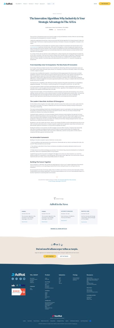 A news story page for a Forbes article, labeled Media Coverage, with its headline, a byline naming the author and their role at AdRoll, and the date. The excerpted article follows in sections, ending with a line crediting the original coverage on Forbes and linking to it, above a Latest Coverage row of AdRoll in the News cards and the site footer.