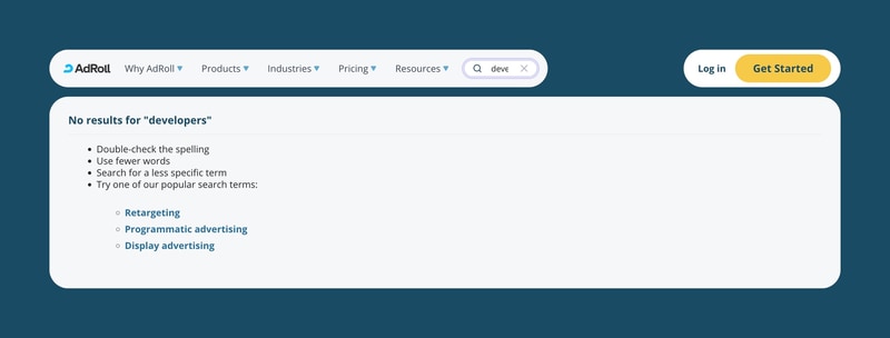 The search panel after typing developers. It reads No results for developers, lists tips (double-check the spelling, use fewer words, search for a less specific term), and links to popular terms: Retargeting, Programmatic advertising, and Display advertising.